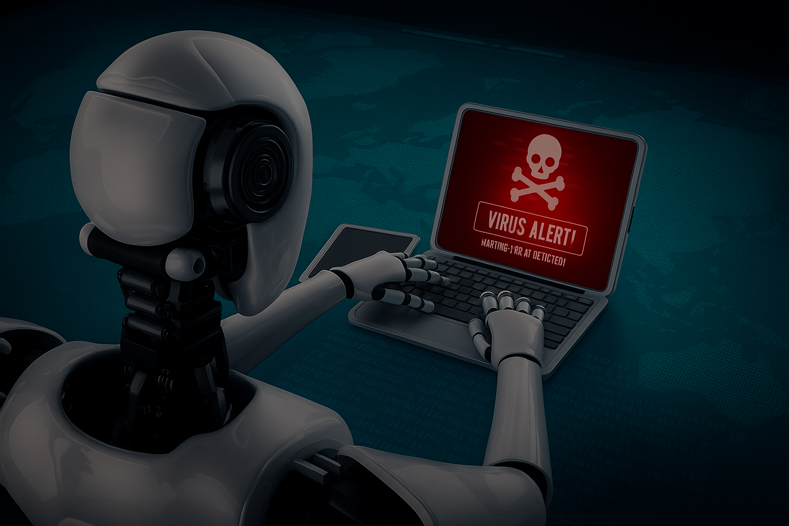 Ilustración de alerta de virus y agentes de IA autónomos