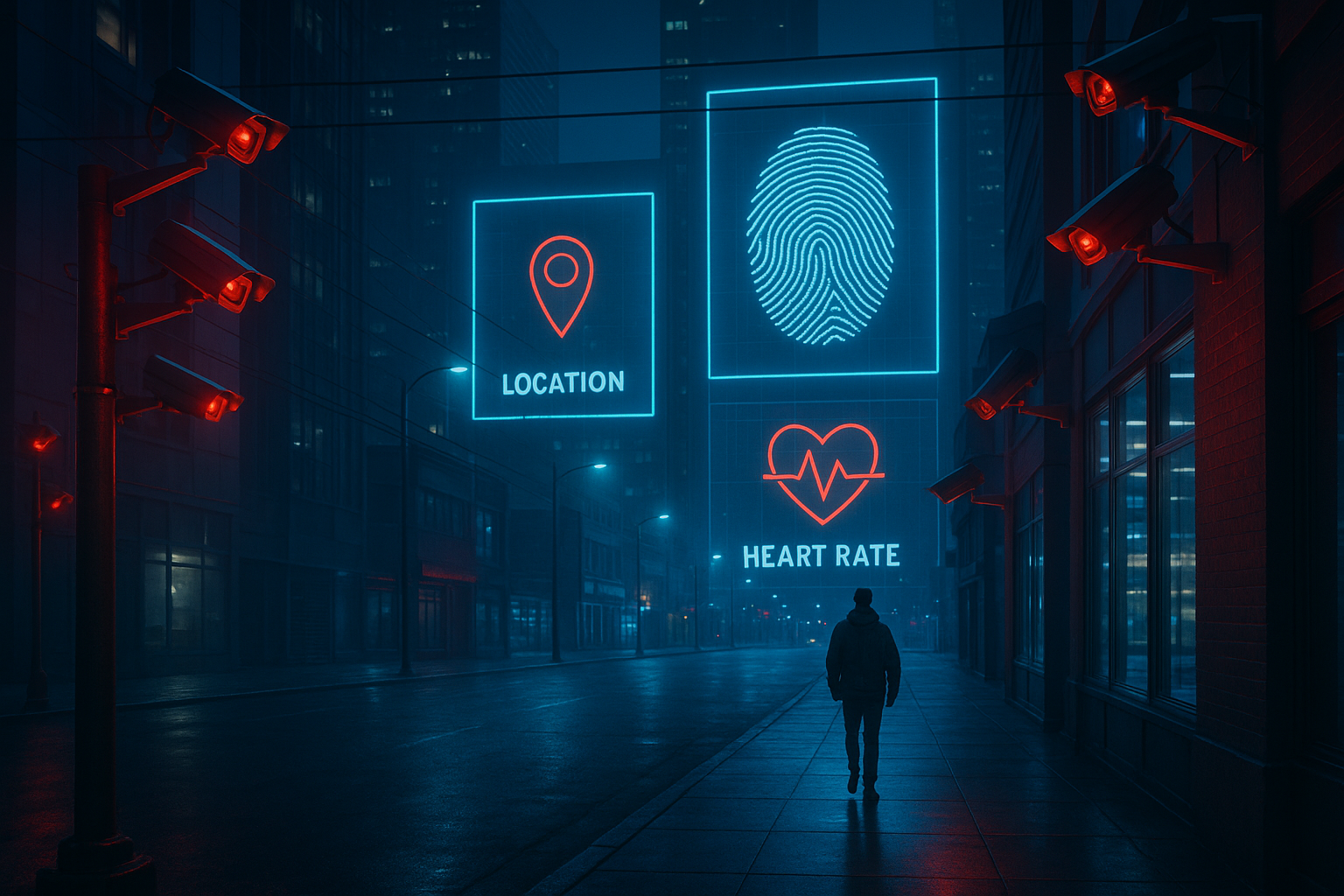 Ilustración nocturna de una ciudad bajo vigilancia tecnológica