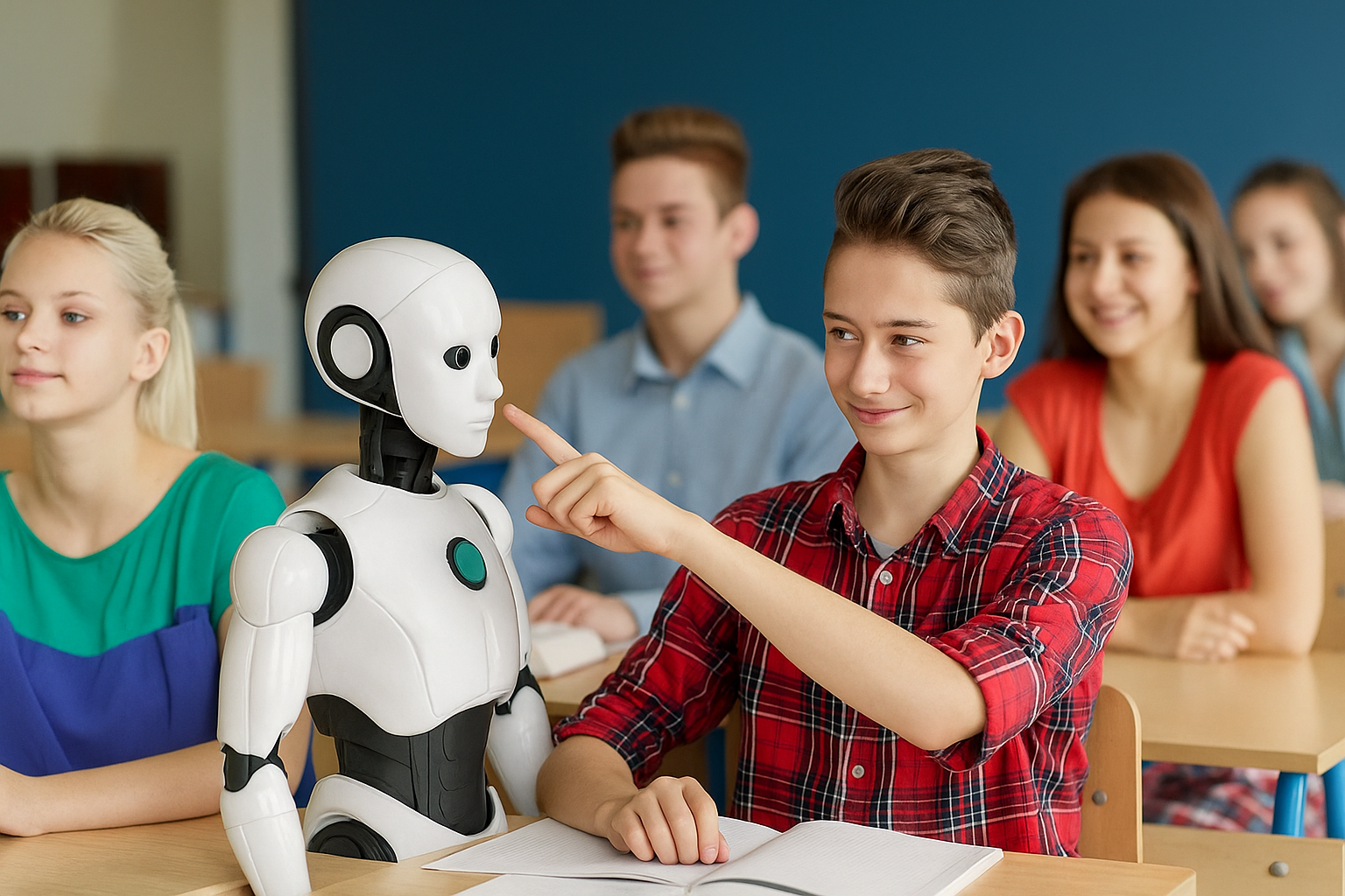 Ilustración de jóvenes interactuando con inteligencia artificial