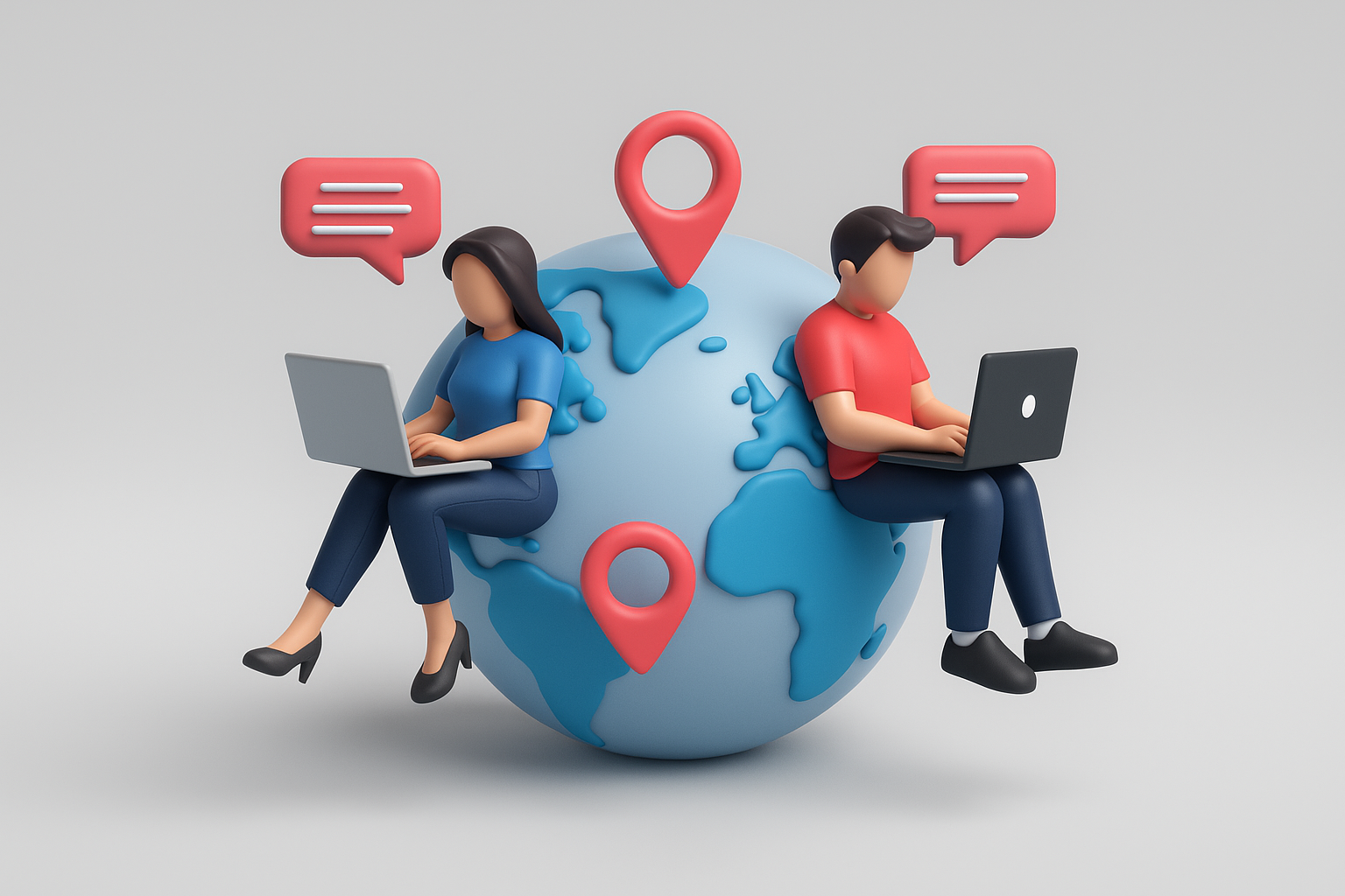 Ilustración de trabajo global distribuido con personas conectadas desde distintos países
