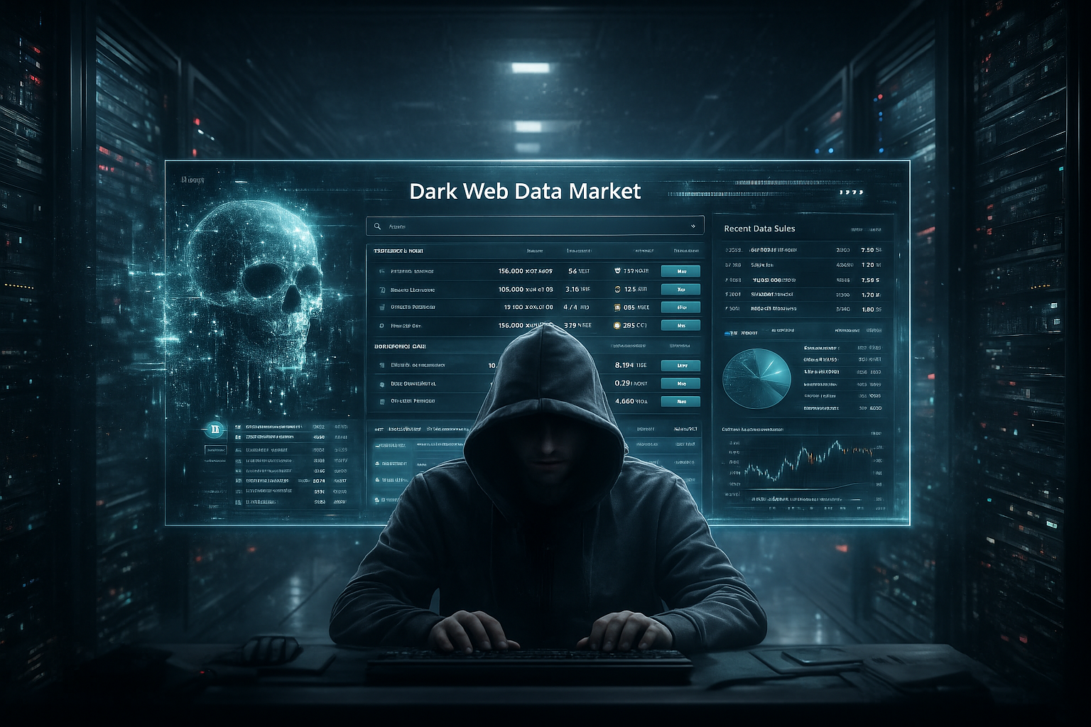 Representación visual del mercado de datos en la Dark Web con información encriptada
