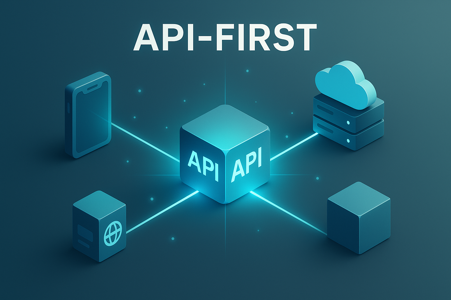 Ilustración futurista de conectividad API entre sistemas tecnológicos