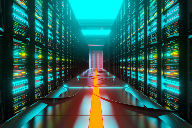 centro de datos con servidores iluminados, simbolizando la infraestructura tecnológica de alto rendimiento.