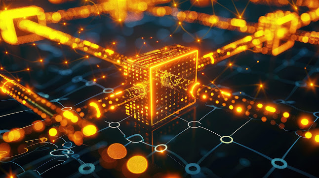 Ilustración de arquitectura cuántica simulada, con nodos digitales conectados que representan qubits en interacción dentro de una red de procesamiento cuántico
