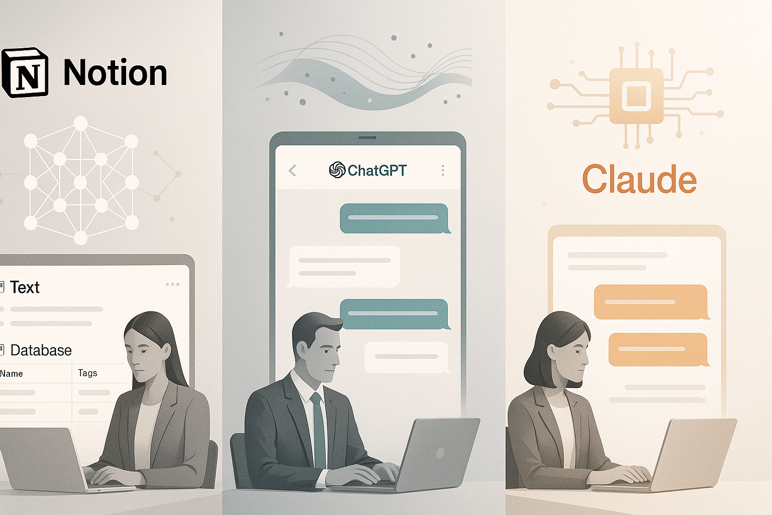 Comparativa visual de Notion AI, ChatGPT y Claude