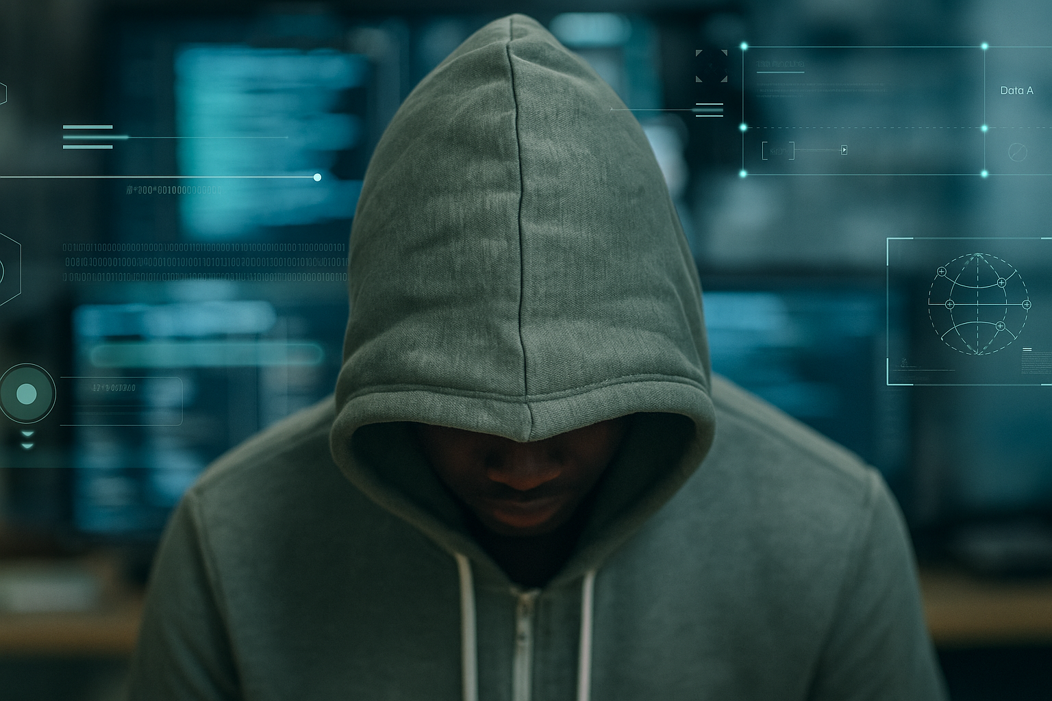 Ilustración realista de un hacker digital y la Dark Web