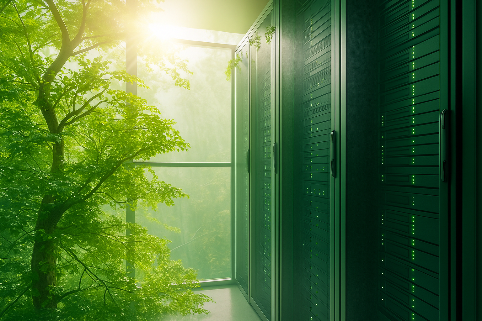 Ilustración futurista de un data center ecológico sostenible