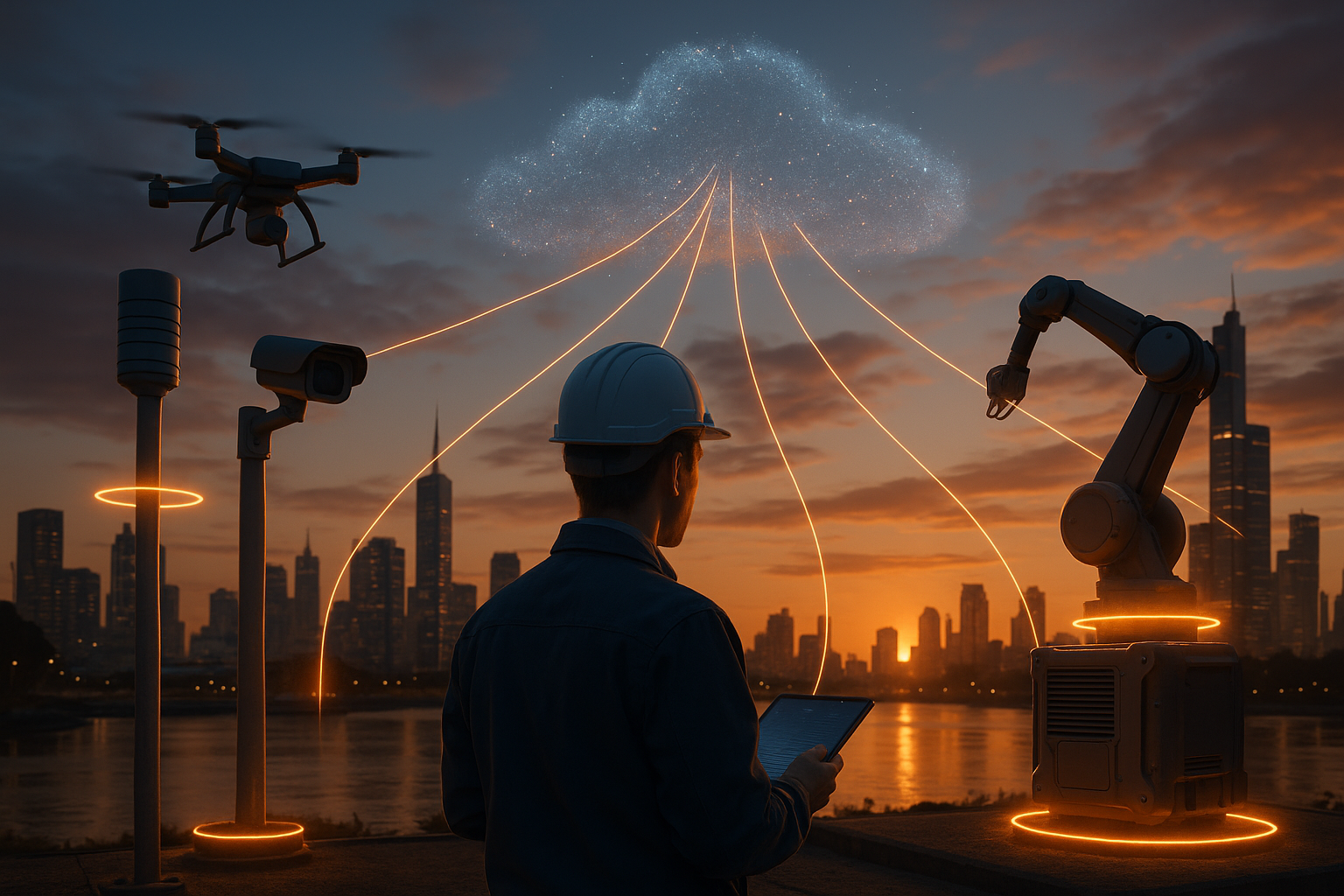 Ilustración de una ciudad inteligente al atardecer con tecnología de borde