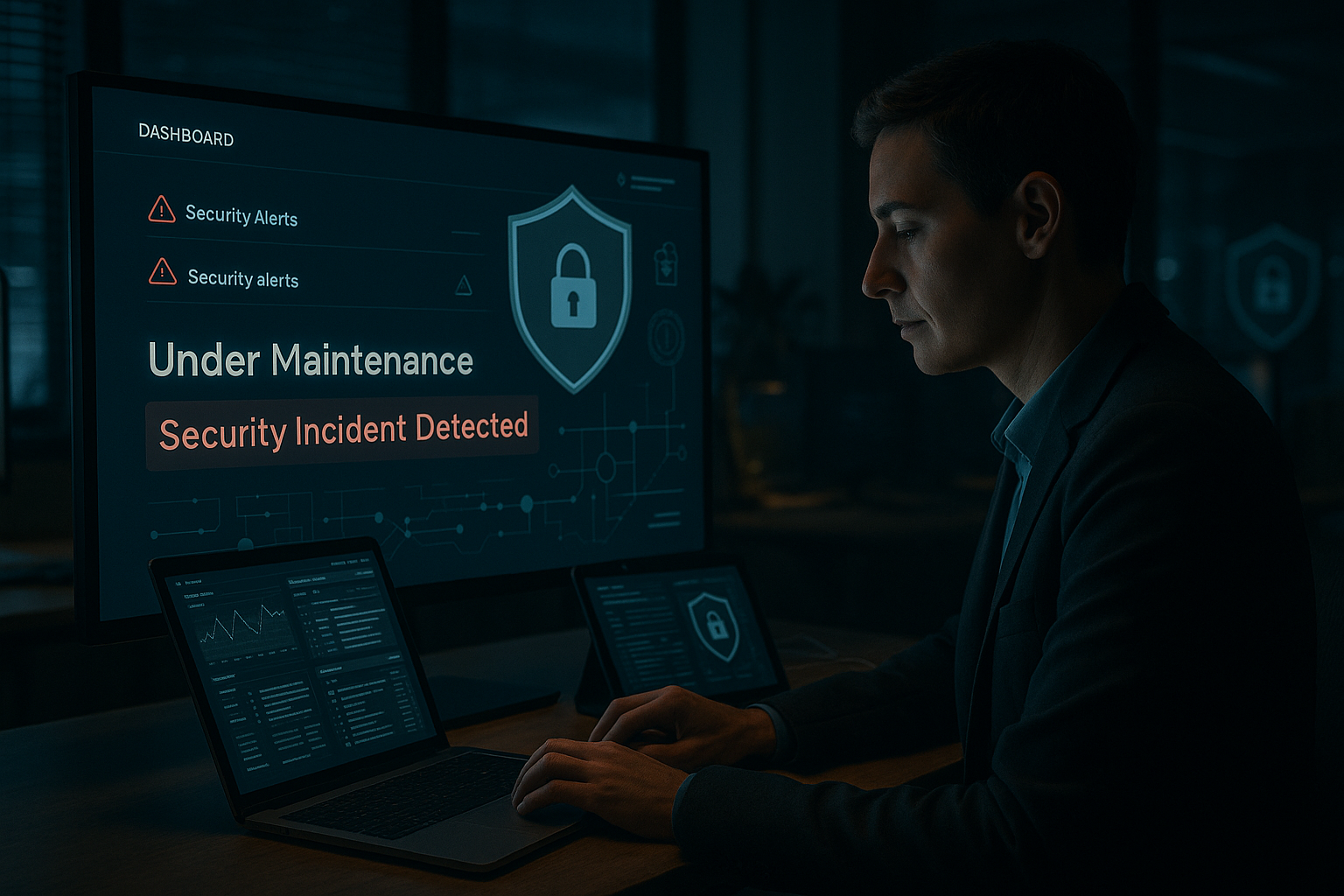 Escena de respuesta a ciberseguridad con análisis de incidente de hackeo web