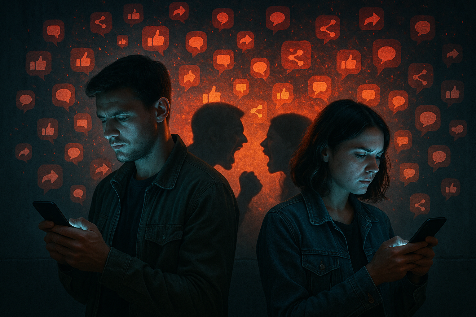 Ilustración sobre confrontación digital y polarización en redes sociales
