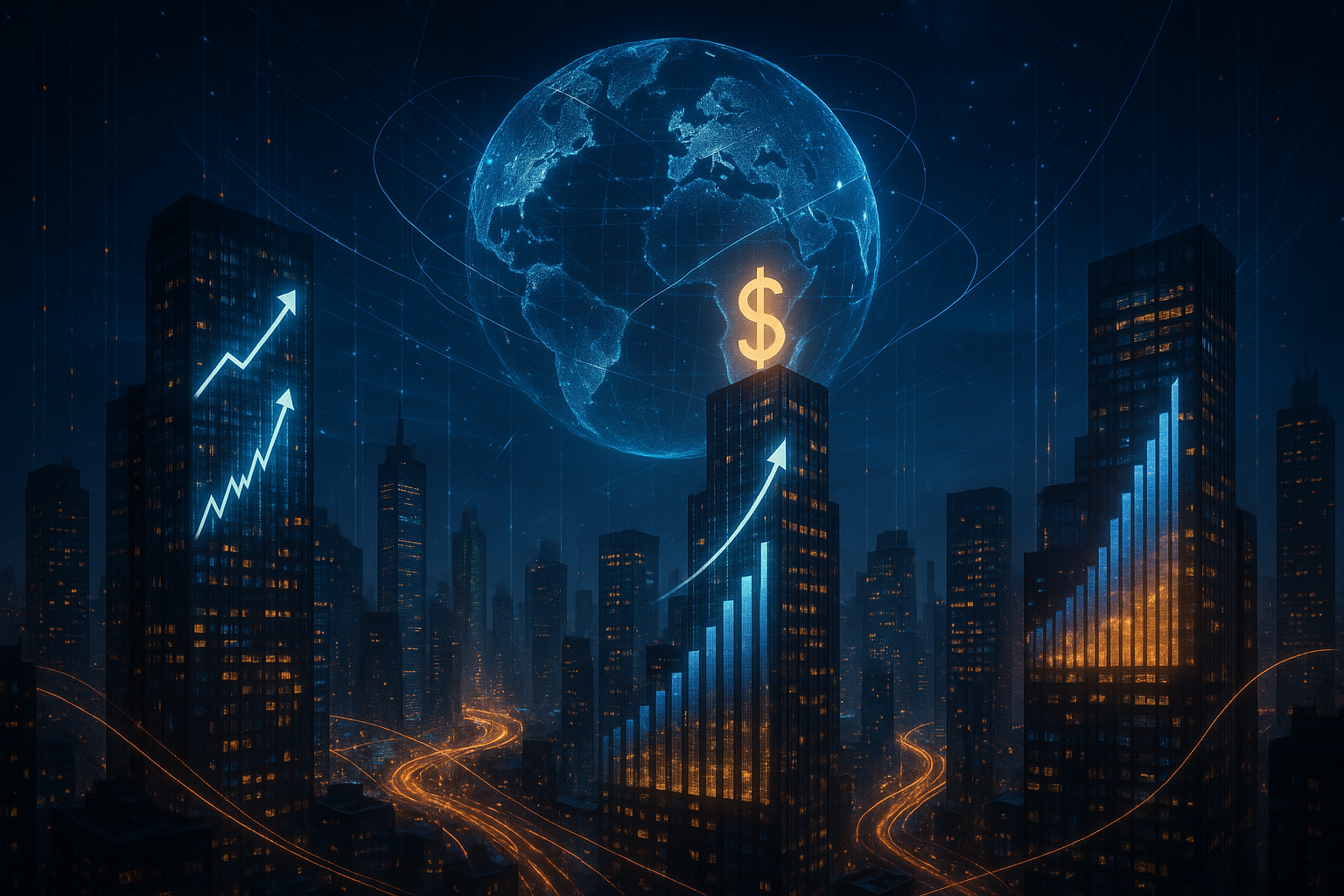 Ilustración futurista del crecimiento económico impulsado por inteligencia artificial