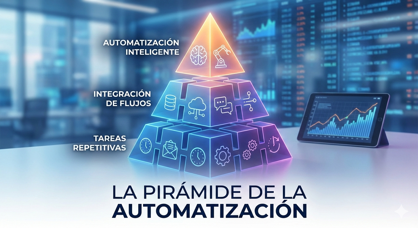 Representación visual de la pirámide de automatización empresarial con niveles de procesos