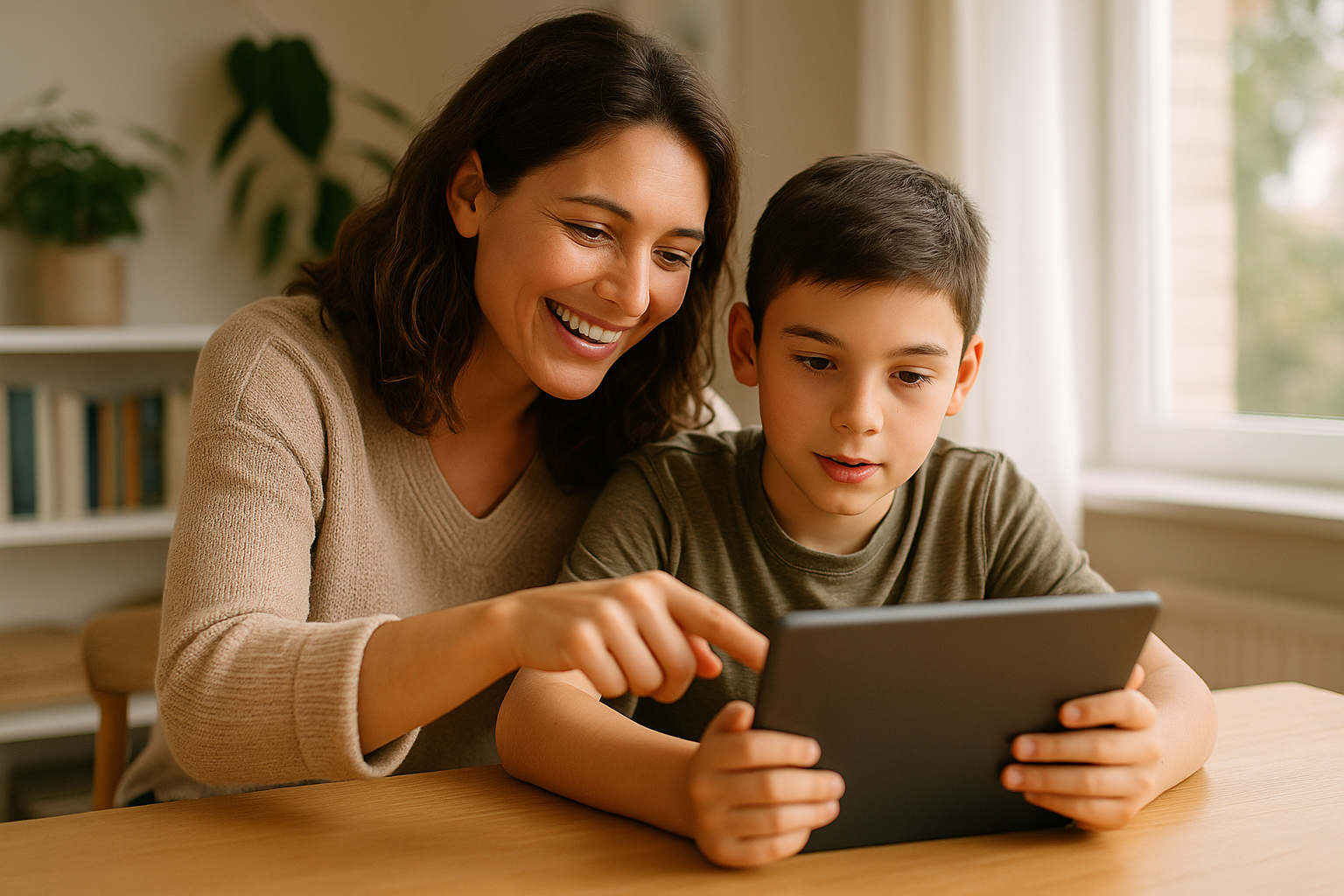 Ilustración familiar mostrando uso responsable del internet por niños y padres