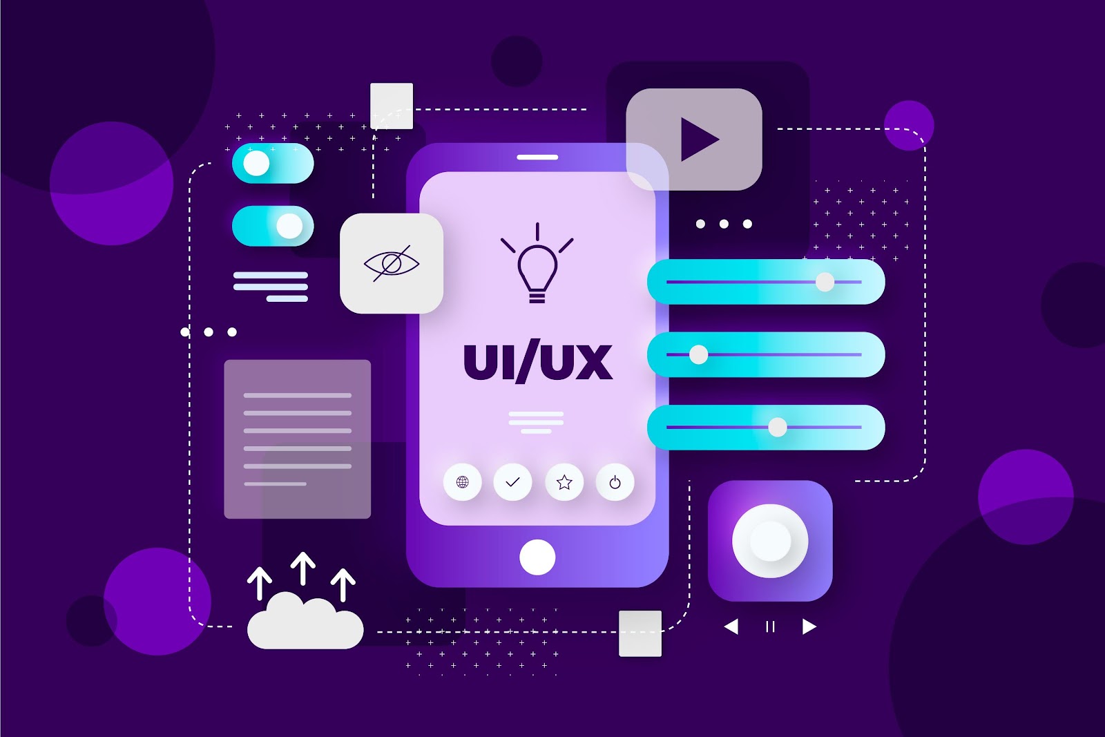 Ilustración conceptual de diseño UI/UX que representa visualmente la interacción entre experiencia de usuario (UX) y diseño de interfaz (UI).