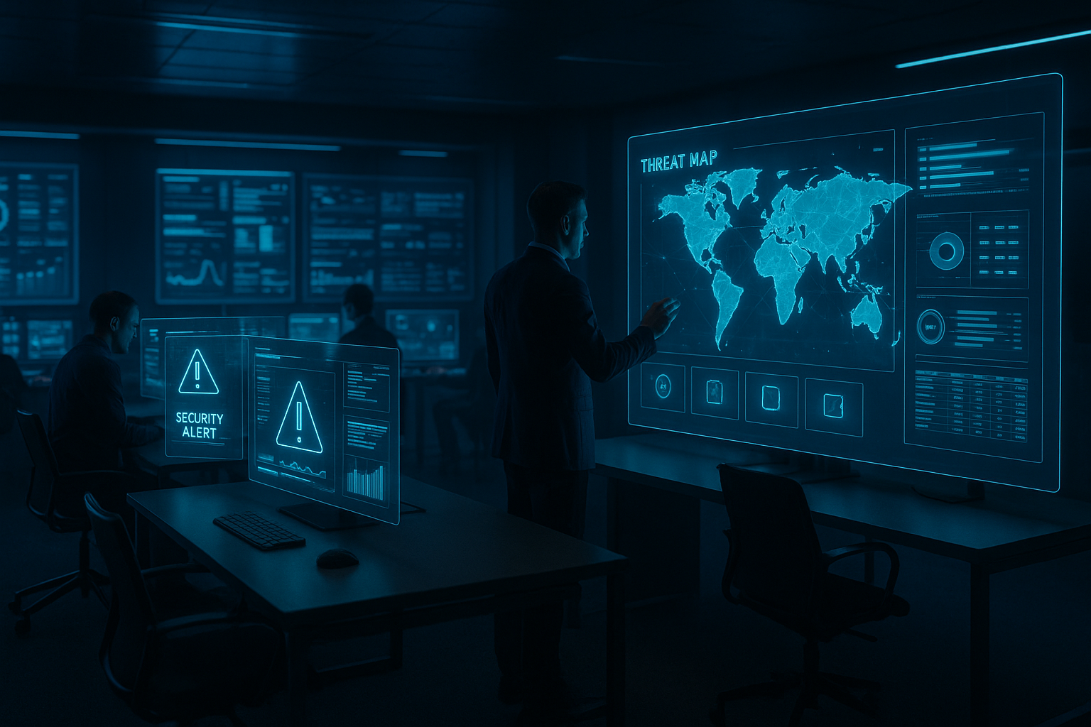 Centro de ciberseguridad futurista con sistemas de protección digital para empresas