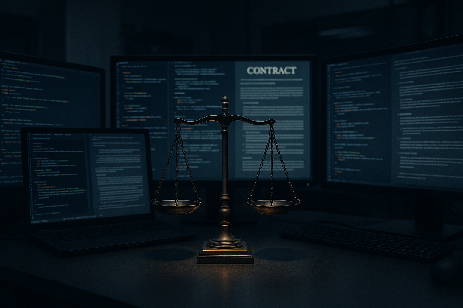 Ilustración sobre justicia, ética y derechos de autor en tecnología e inteligencia artificial