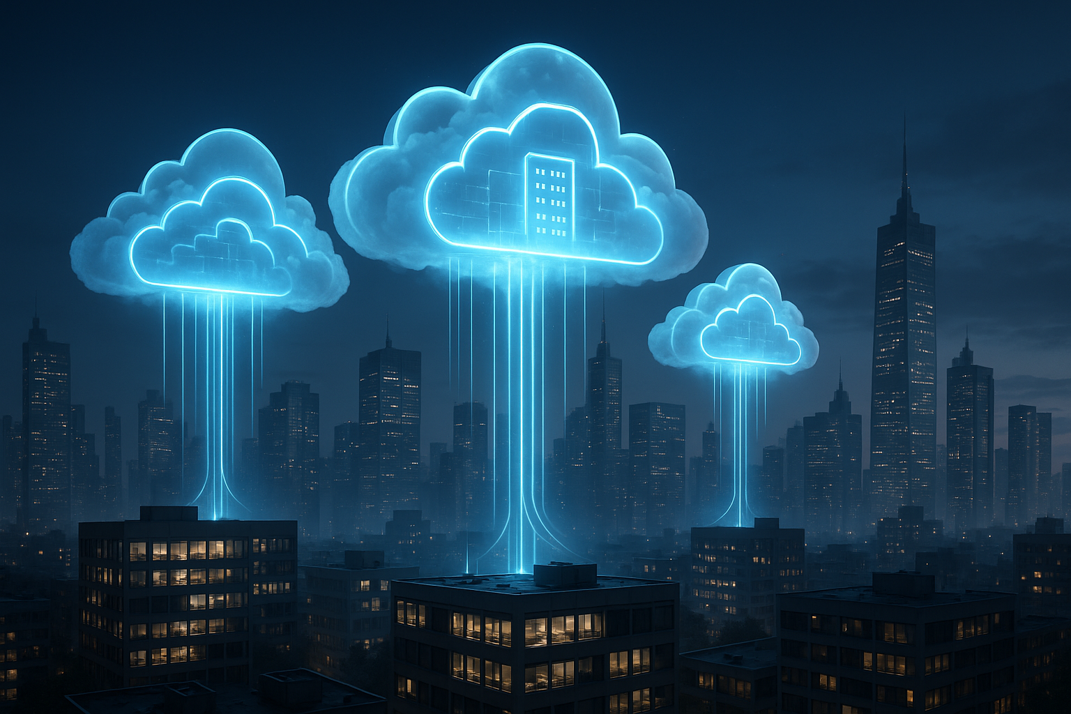 Ilustración futurista de una ciudad conectada impulsada por inteligencia artificial