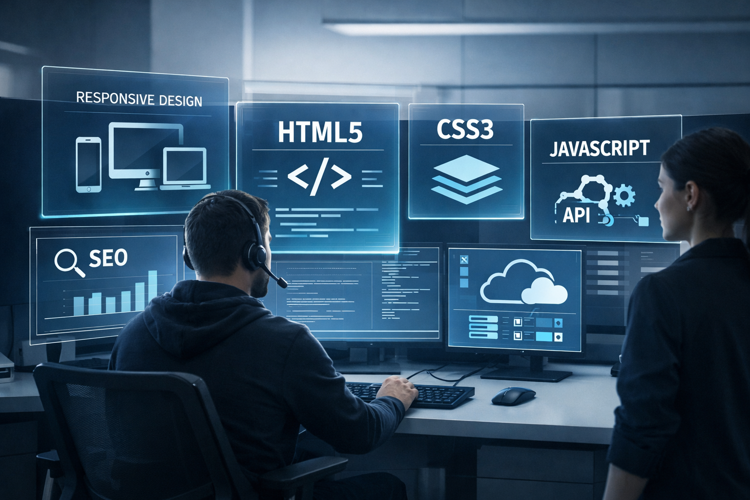 Espacio de desarrollo web futurista con código y tecnologías emergentes de 2026