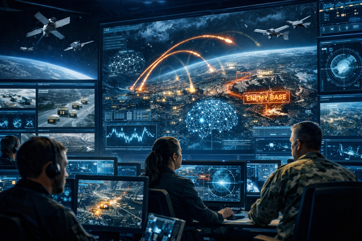 Ilustración: Inteligencia artificial en guerra moderna