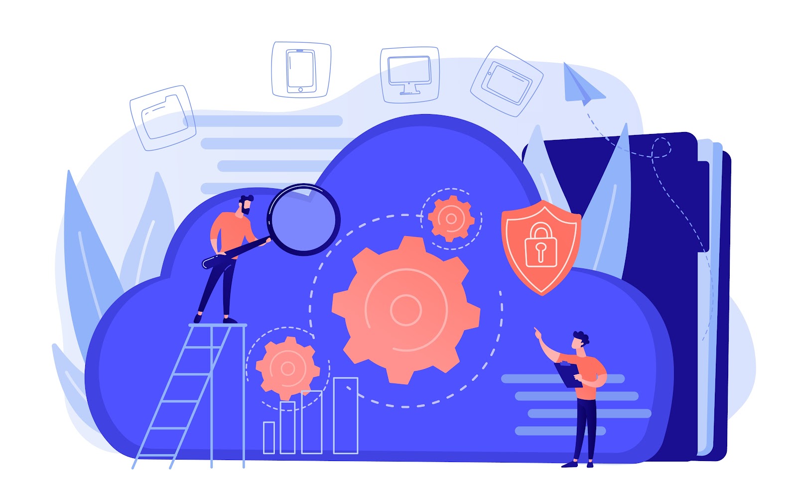 Ilustración conceptual de seguridad y monitoreo en la nube, con personas inspeccionando engranajes y un escudo de protección digital sobre fondo de servicios y dispositivos conectados.