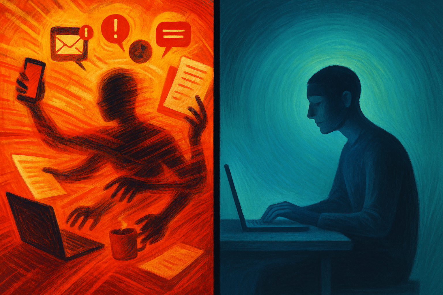 Ilustración comparativa entre multitarea y enfoque profundo en entornos de trabajo