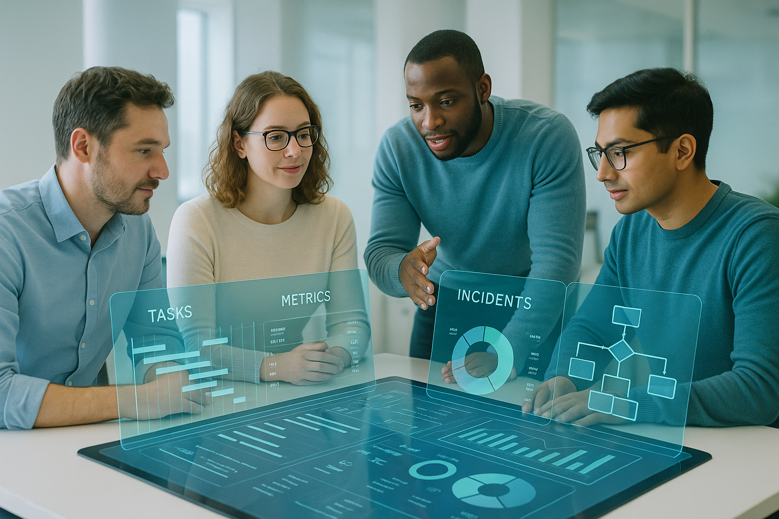 Ilustración de un equipo de ingenieros colaborando en un entorno tecnológico