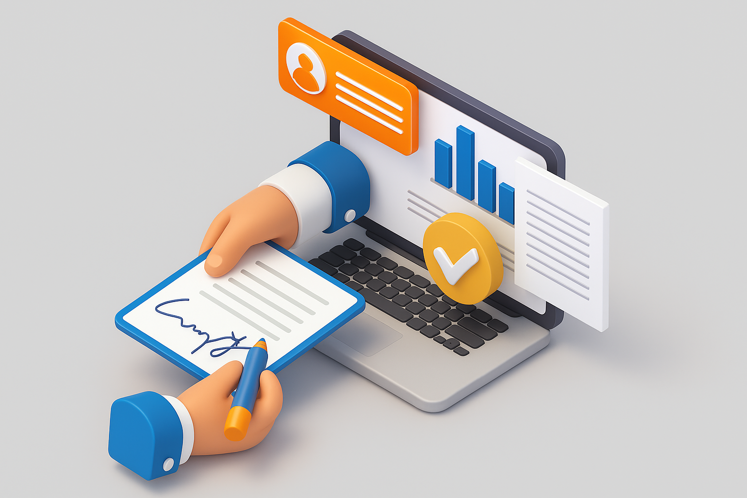 Ilustración 3D de firma digital y autenticación segura