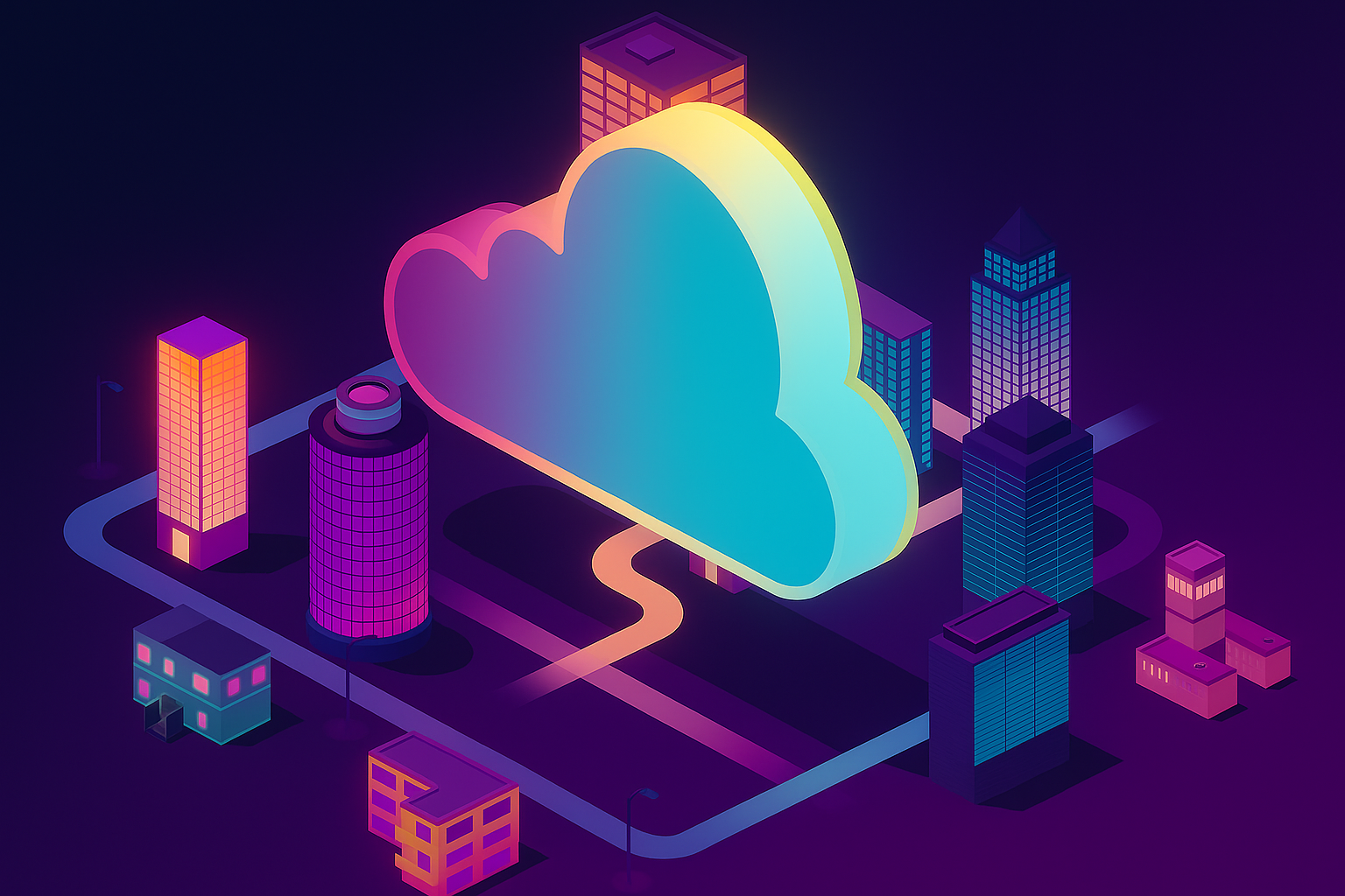Ciudad futurista con nubes y efectos neón, simbolizando la nube y la IA