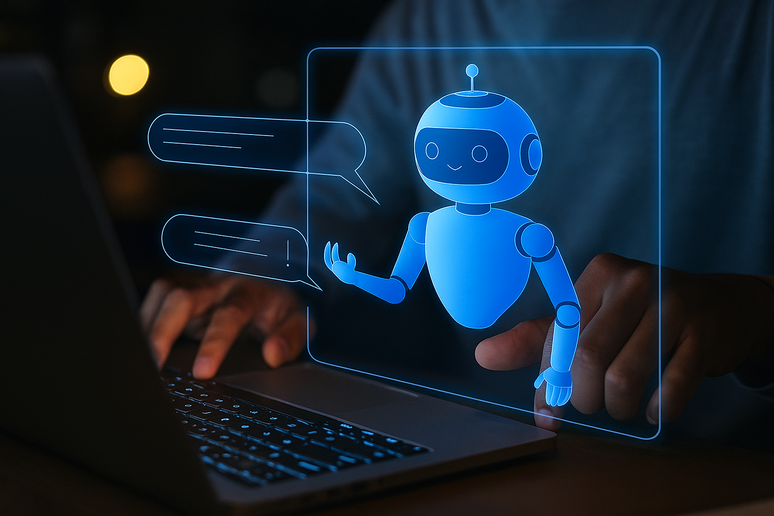 Asistente virtual holográfico interactuando con un equipo empresarial