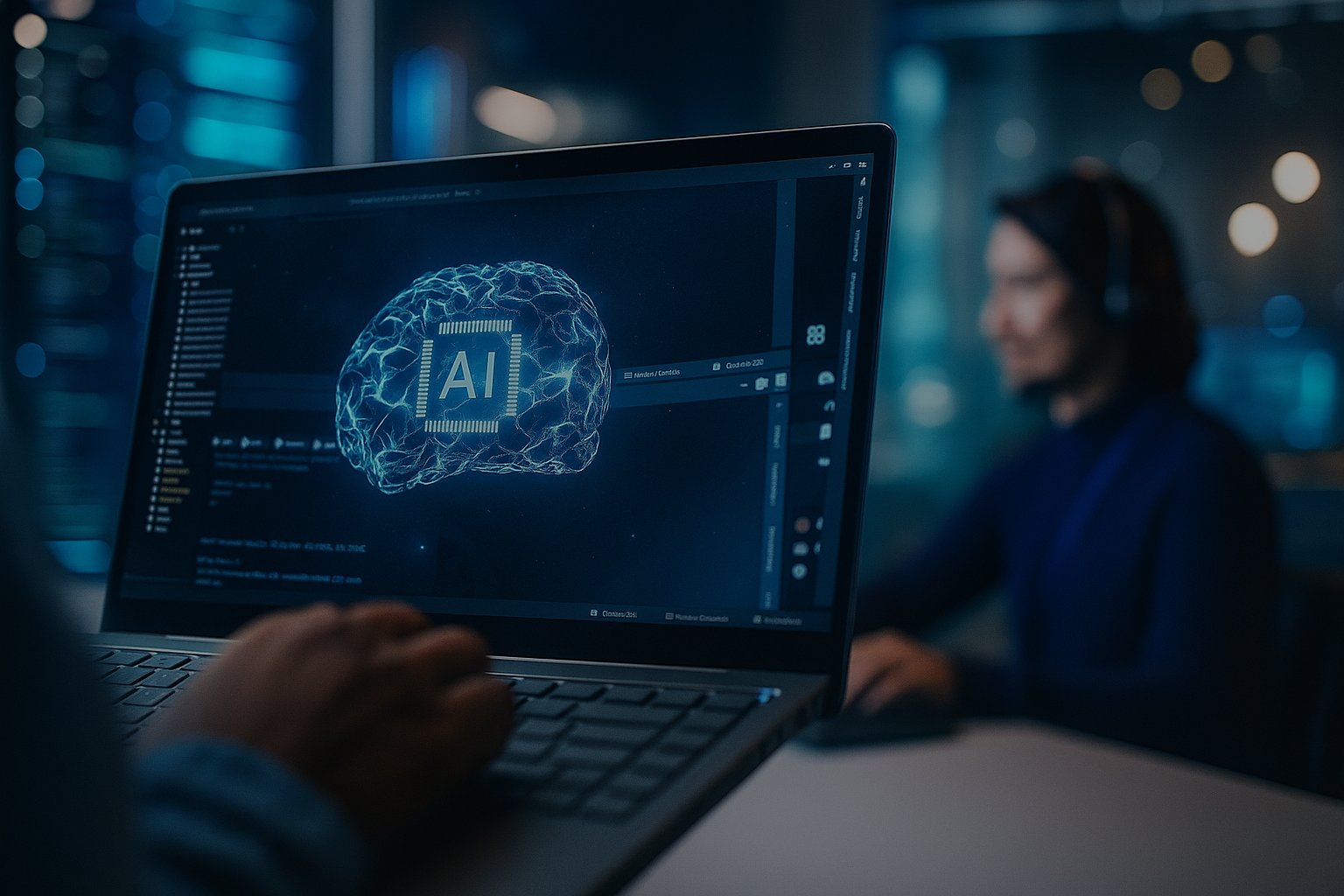 Ilustración futurista realista de desarrollo de software asistido por IA