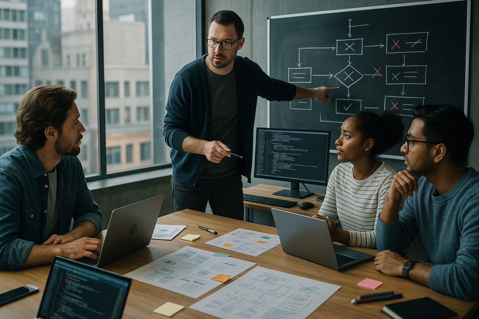 Ilustración de un equipo de desarrollo colaborando en tecnología