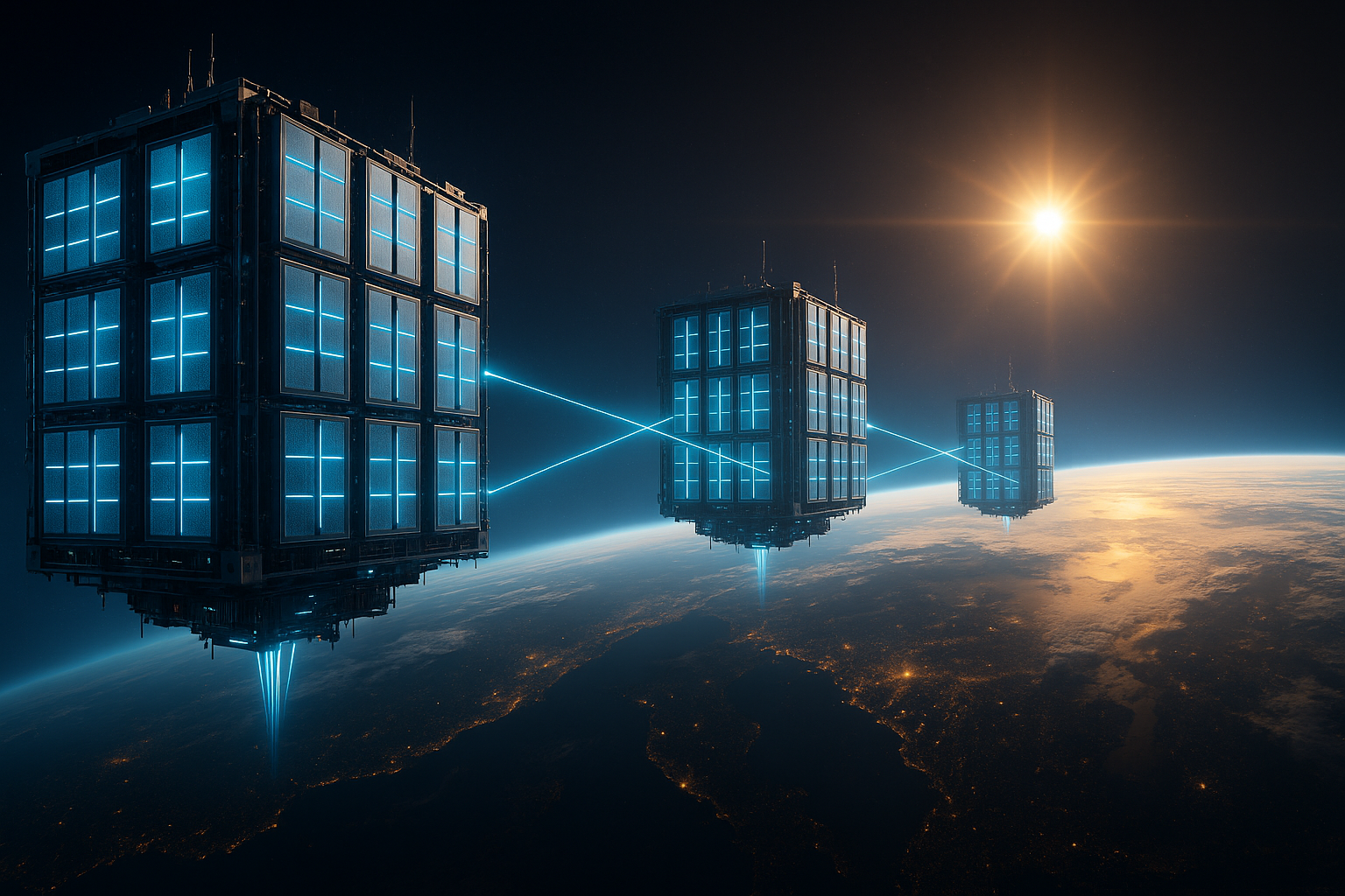 Ilustración futurista de data centers orbitales alrededor de la Tierra