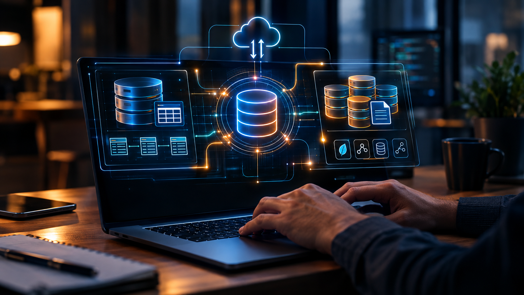interfaz holográfica que representa diferentes modelos de bases de datos, conexiones entre sistemas y arquitectura de datos en la nube.