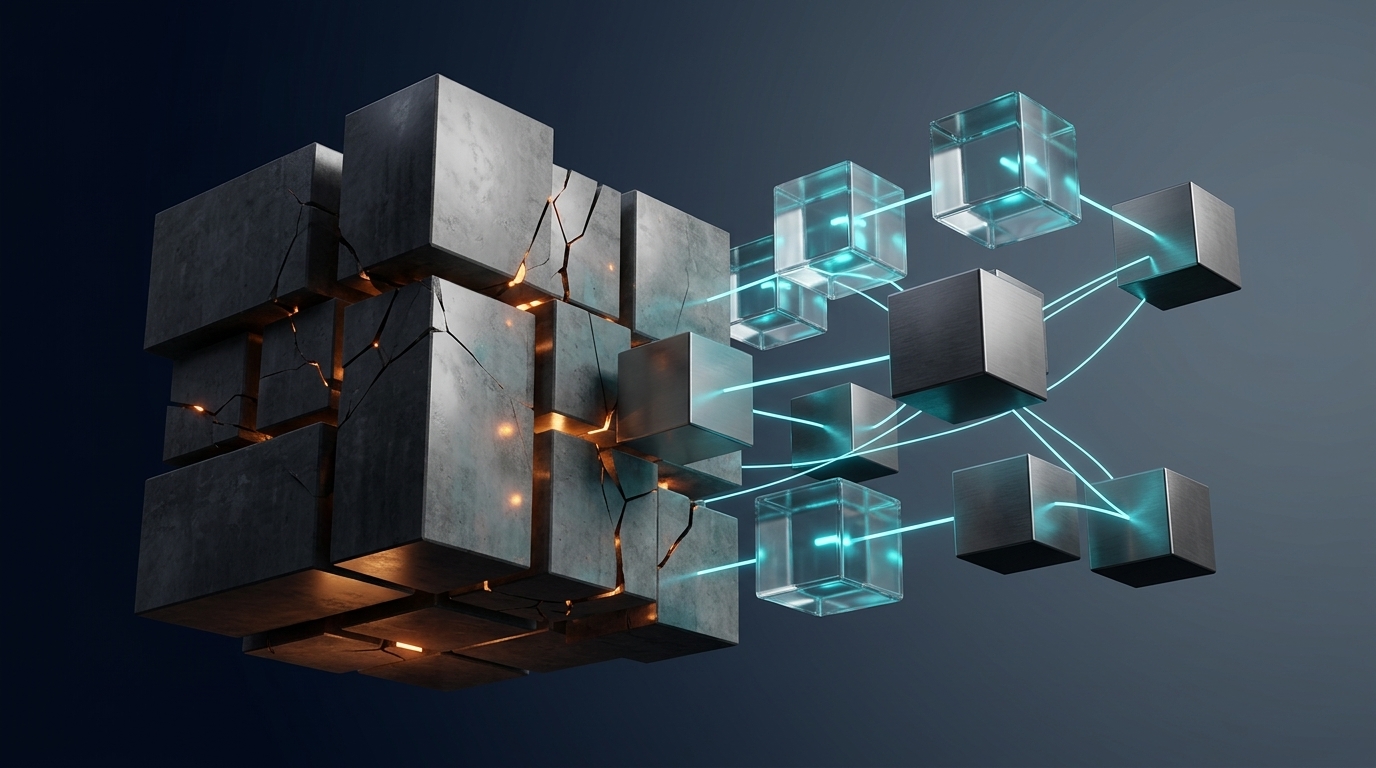 Representación en render 3D de un sistema monolítico en concreto oscuro con grietas iluminadas, conectado a cubos modulares de cristal y metal mediante líneas de luz cian.