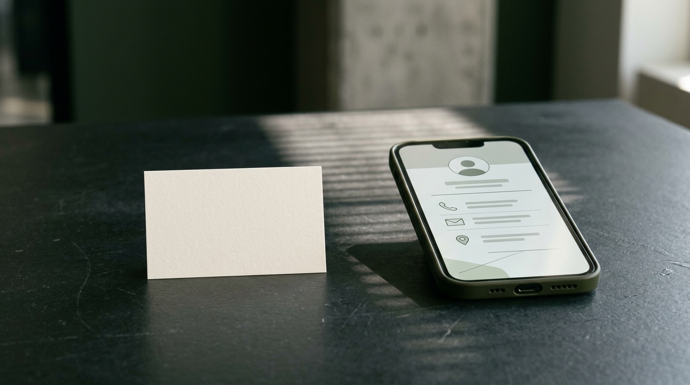 Tarjeta de presentación digital en un teléfono móvil con nombre, cargo, empresa y botón de contacto, junto a un escudo de protección de datos