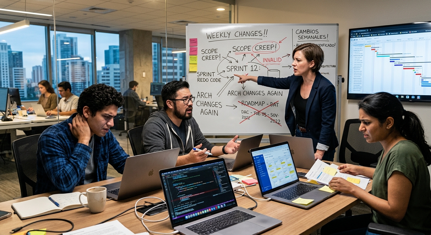 Equipo de desarrollo en una reunión frente a un tablero con anotaciones sobre cambios semanales de alcance y sprints invalidados