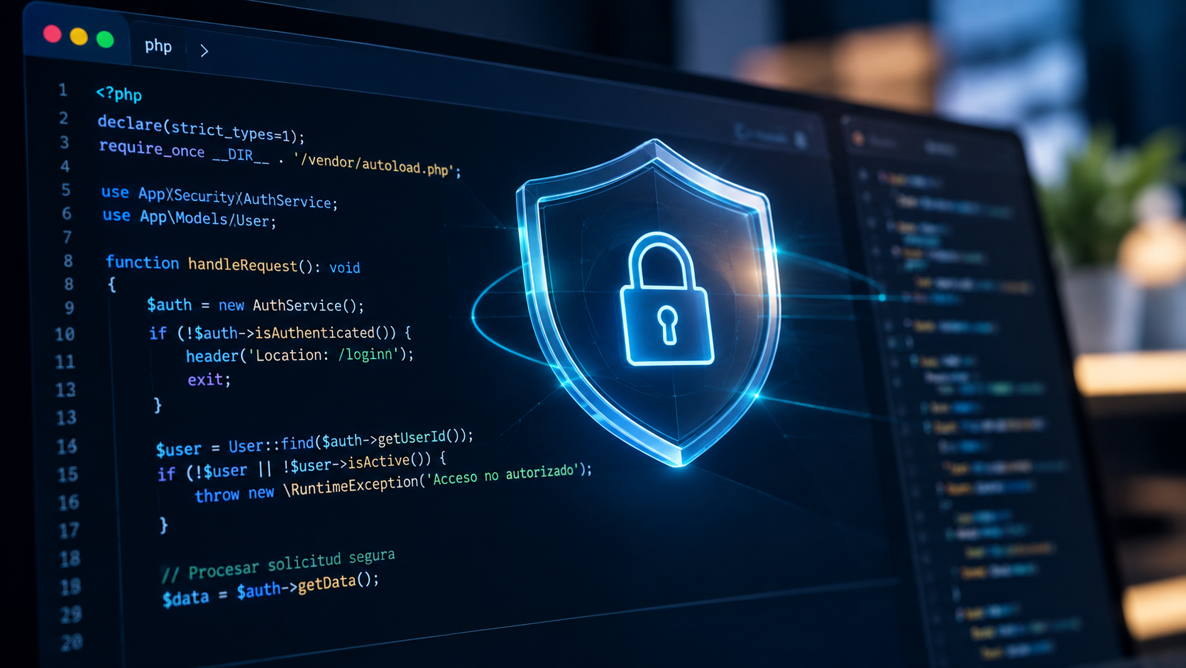 Escudo sobre líneas de código PHP en una terminal