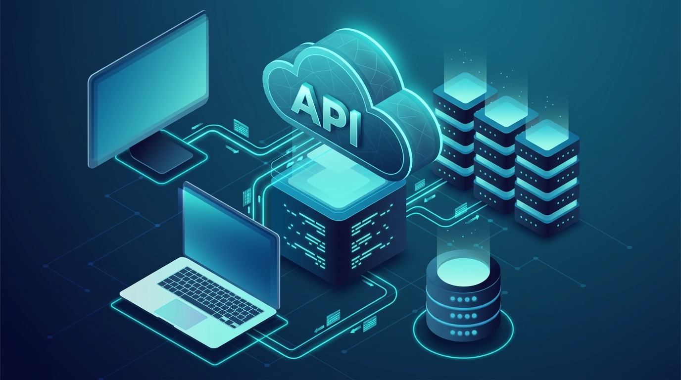 Ilustración isométrica de una nube con el texto 'API' conectando servidores, bases de datos y ordenadores mediante flujos de datos