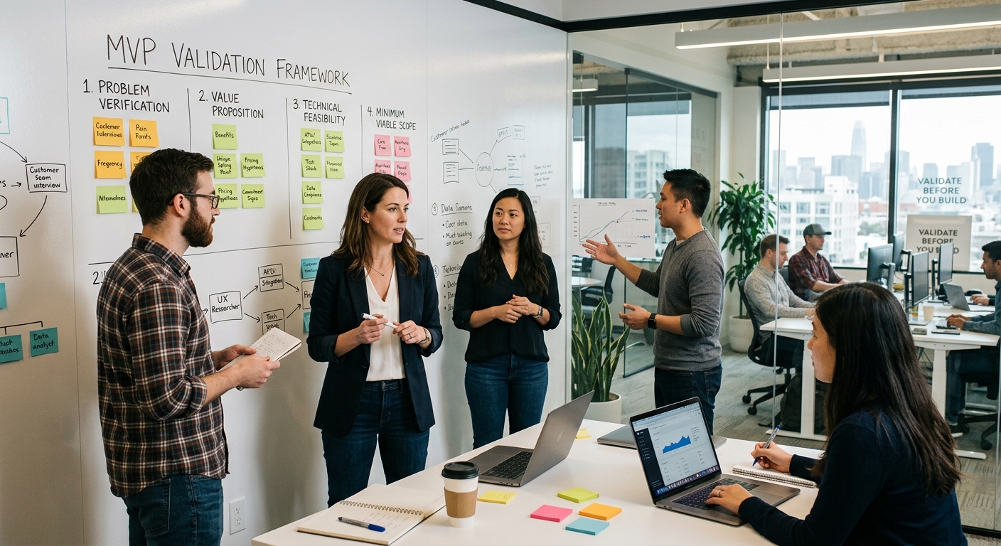 Equipo de trabajo analizando un tablero de validación de MVP y estrategia de producto en una sala de reuniones.